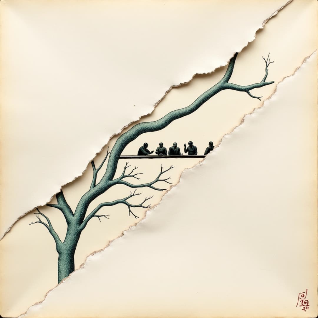 eine karikatur, eine leinwand ist aufgerissen, auf der sich auftuenden spalte sieht man einen baum und diskutierende menschen