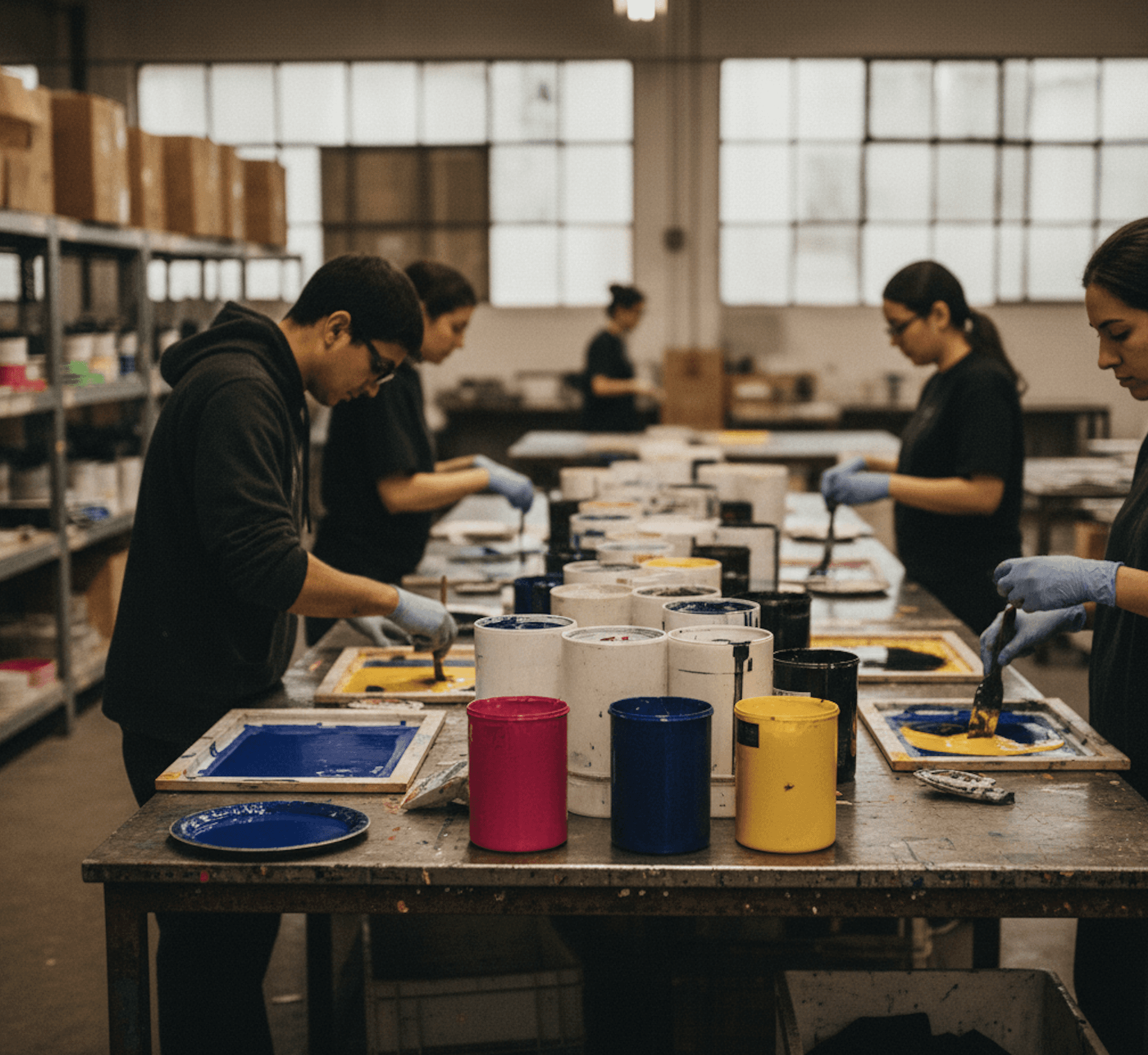 image of the team mixing inks in preparation for screen printing