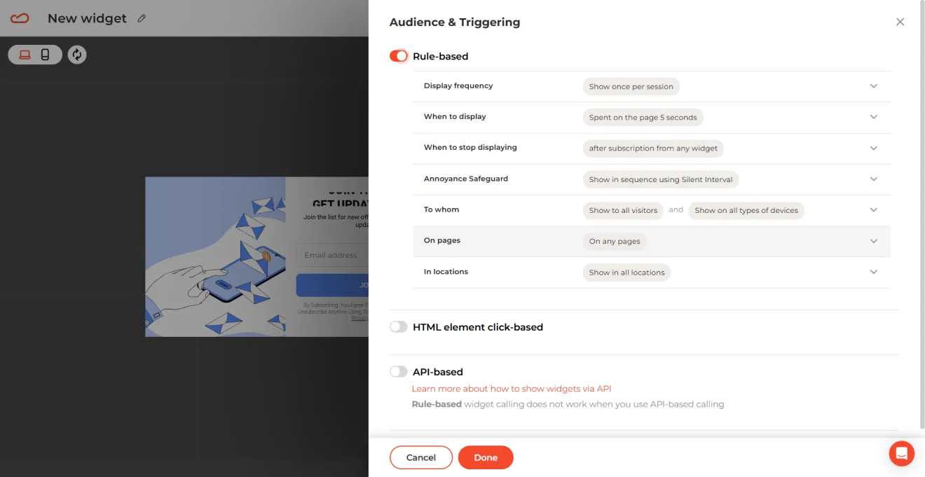  display rules in Claspo popup editor