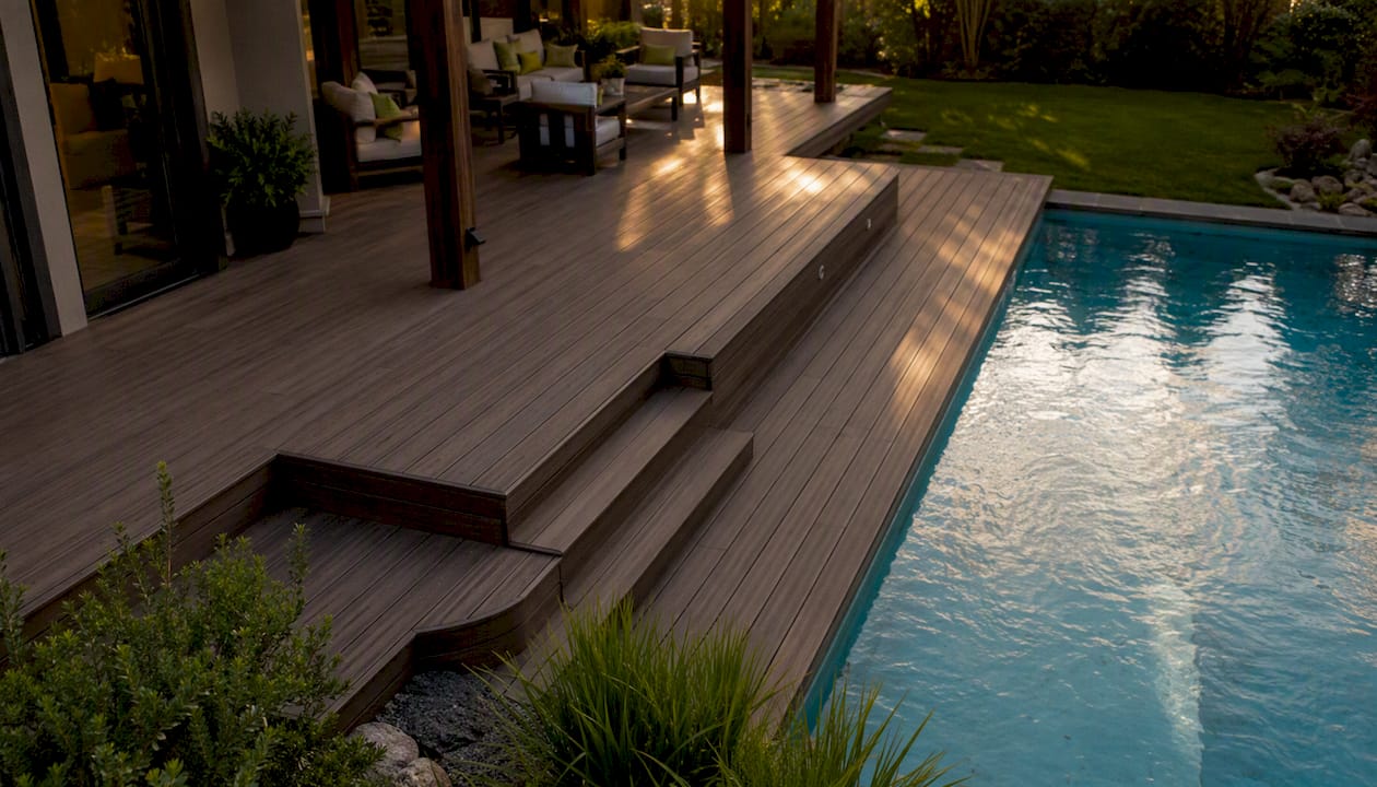 Overhead view of pool transition multi-level deck