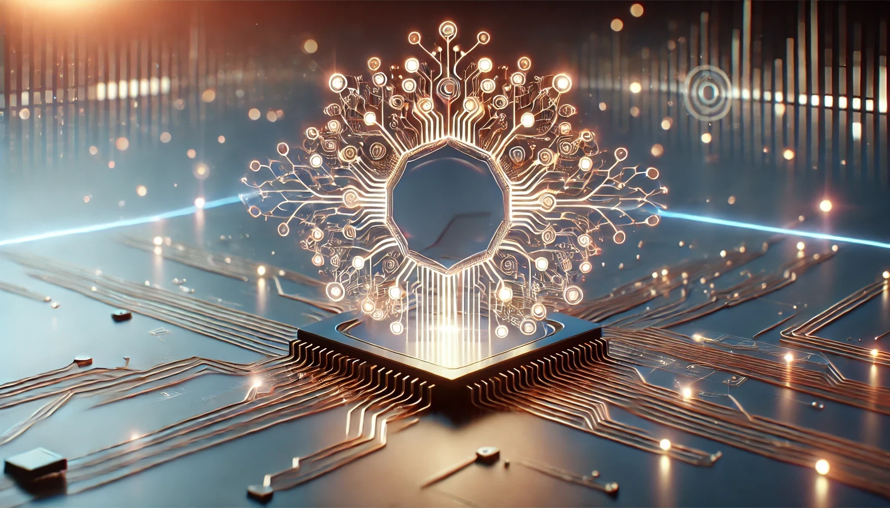 Abstract illustration of AI circuits connecting to Google’s logo