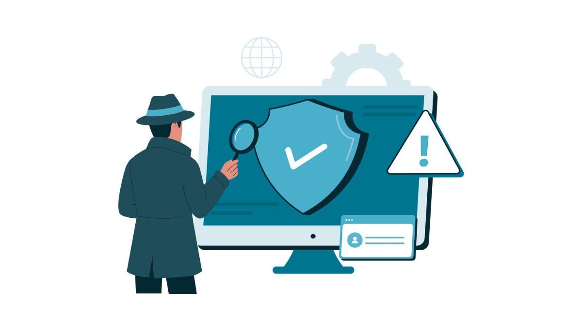 Illustration of a person examining a computer screen with security icons, including a shield and warning symbol, representing IT auditing and system review.