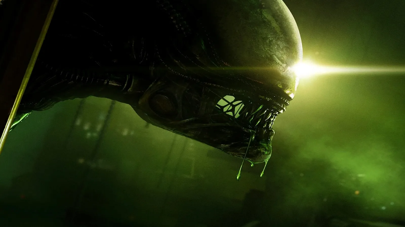 A sinister alien creature with a sleek, elongated head and sharp teeth is illuminated by a greenish light in a dark, misty environment, creating an eerie and suspenseful atmosphere.
