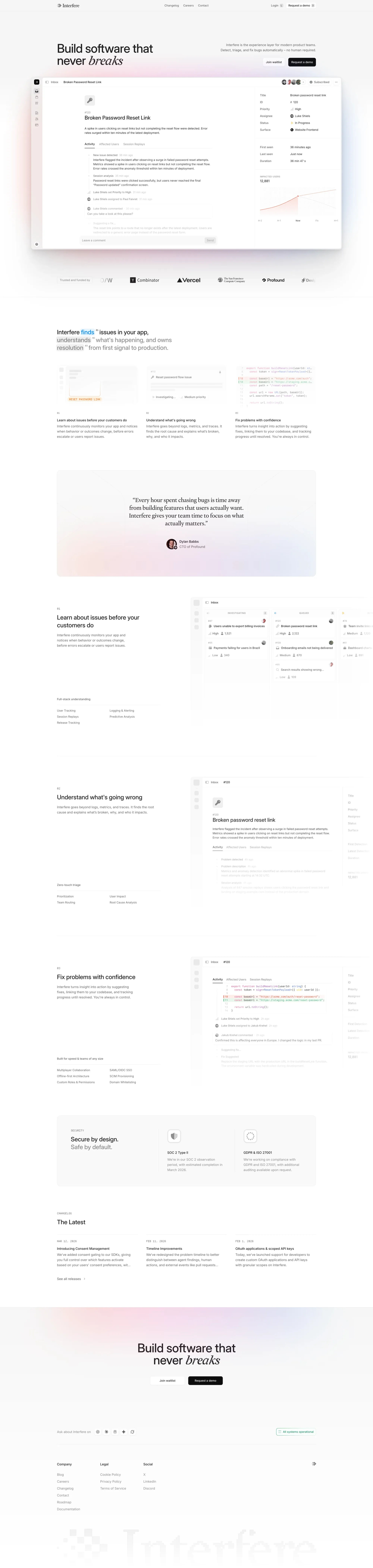 Interfere › Build software that never br landing page screenshot showcasing Tech design