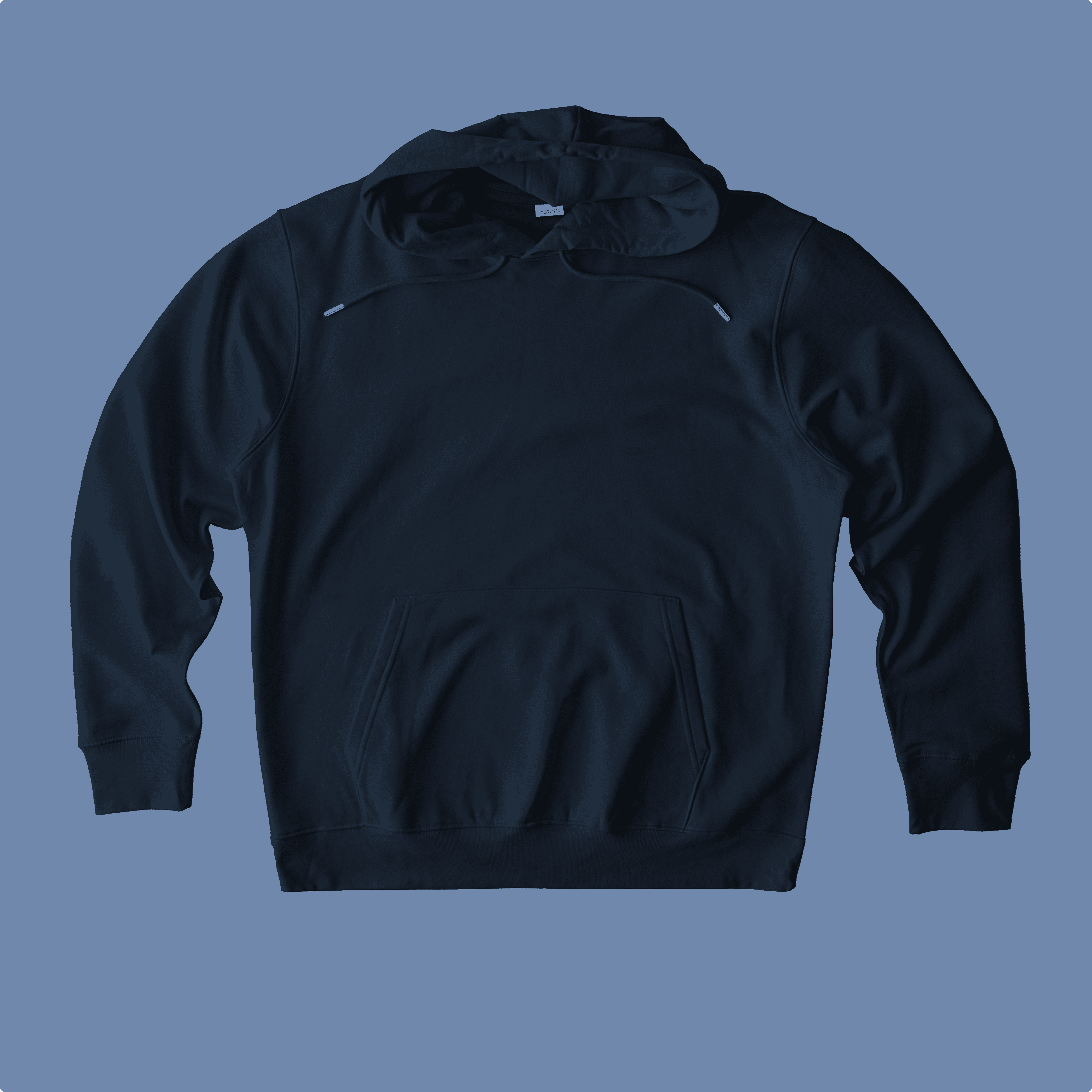 Dark blue hoodie on a blue background.