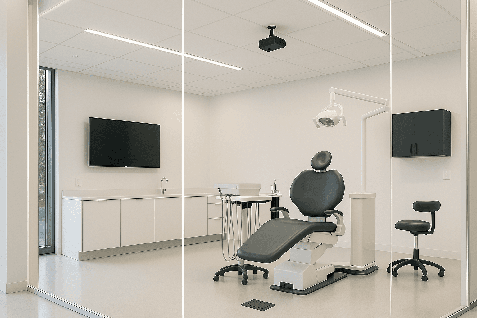 Modern dental room enclosed by transparent smart film glass for privacy and light control.