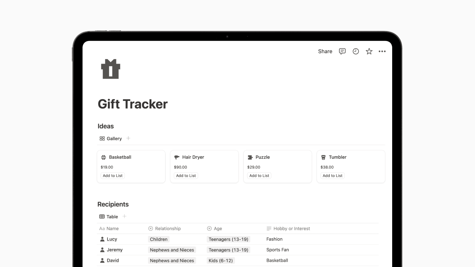 Gift Tracker Notion Template