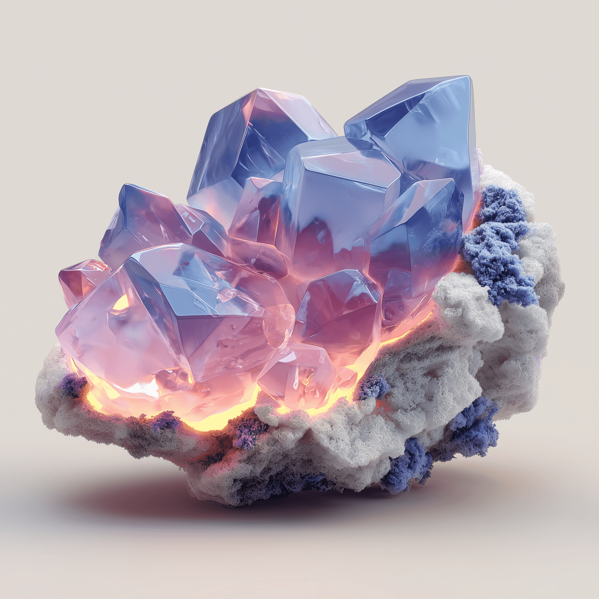 A 3D-rendered cluster of translucent pink and blue crystals growing from a textured rock base, illuminated by a warm glowing light on a neutral background.