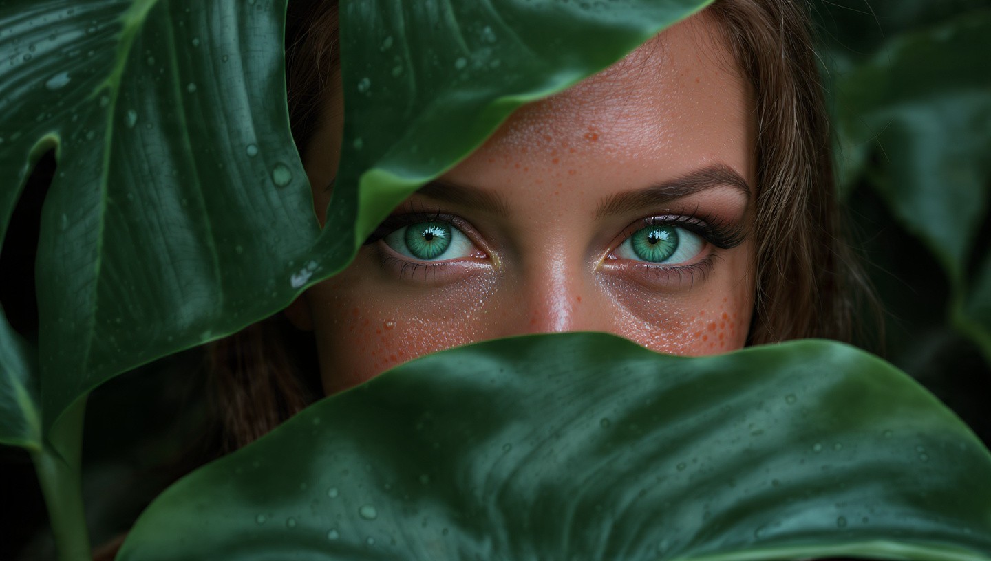 Intense close-up of a freckled face with vivid emerald-green eyes staring directly forward, framed by damp monstera leaves, water droplets clinging to eyelashes and skin in a moody jungle atmosphere.