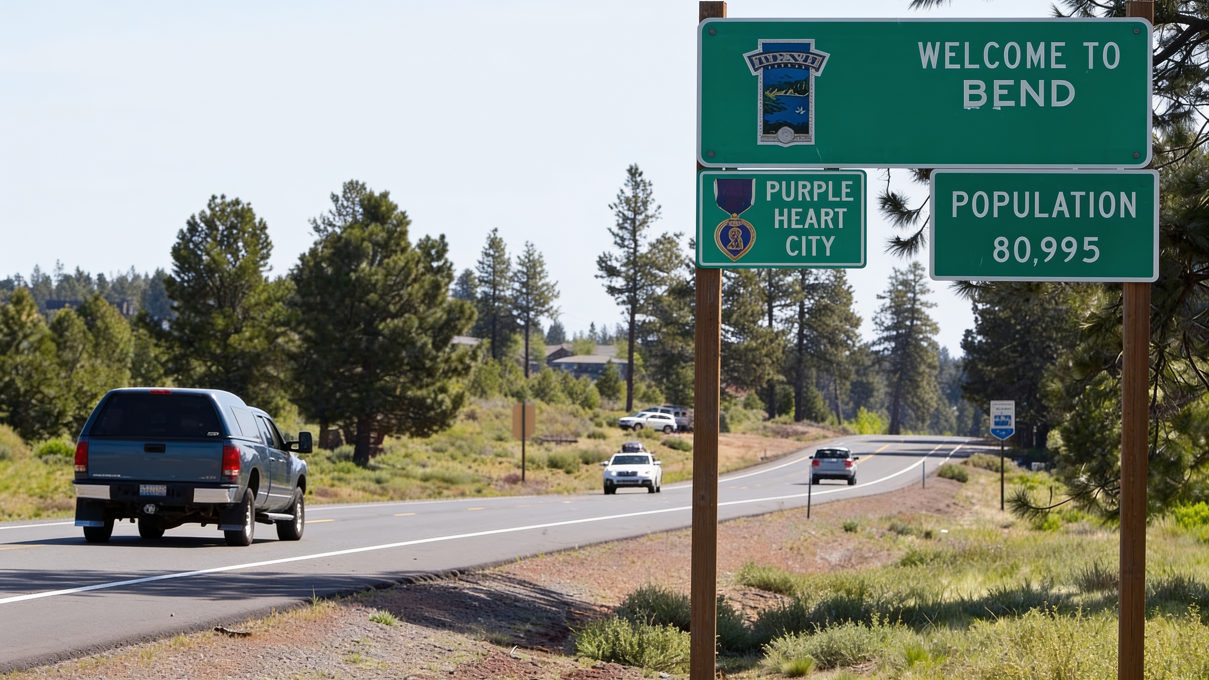 Welcome sign on the highway into Bend, Oregon — PowerLift Doors of Oregon service area