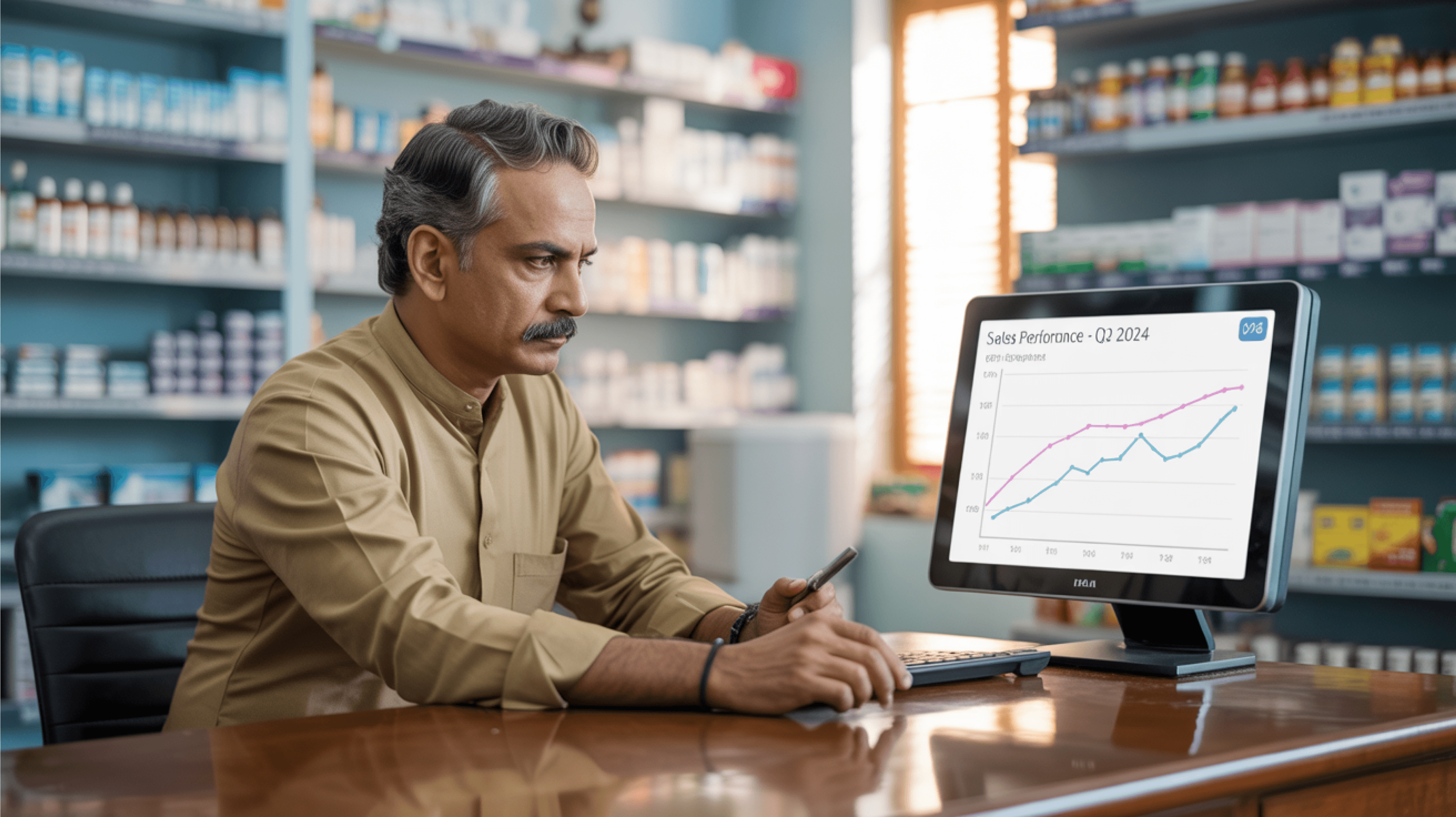 Pharmacy owner analysing quarterly sales performance on computer screen
