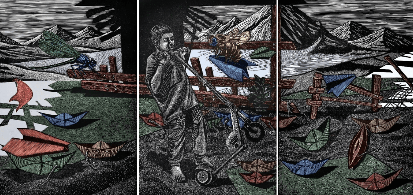 herd of sheep on road painting