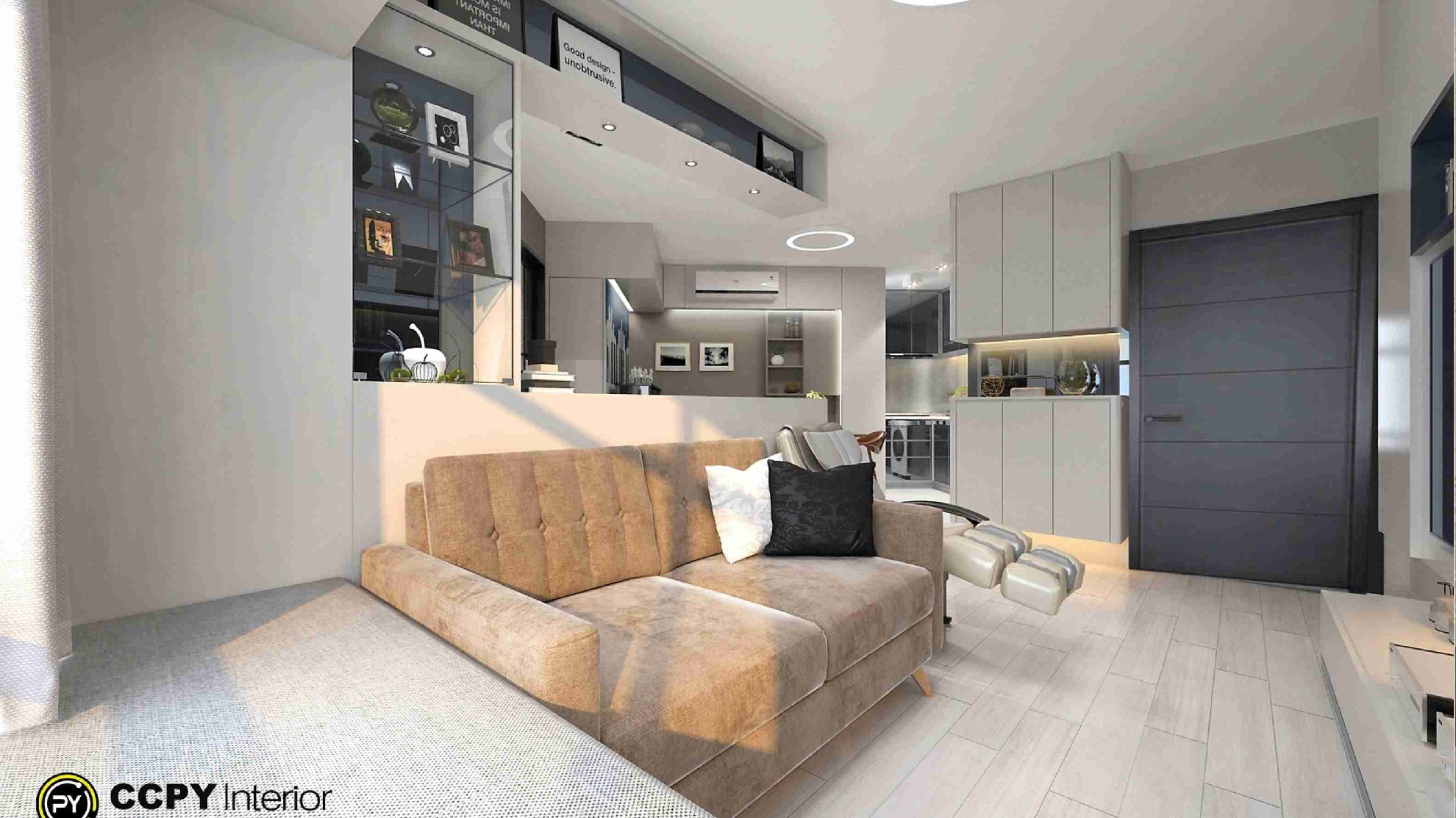A luminous luxury house interior at Mount Pavilia featuring a blue velvet sofa, an Eames-style lounge chair, and a grand crystal chandelier.