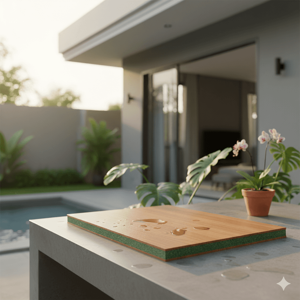 Modern kitchen with a wooden dining table, white chairs, and a hanging light fixture above.