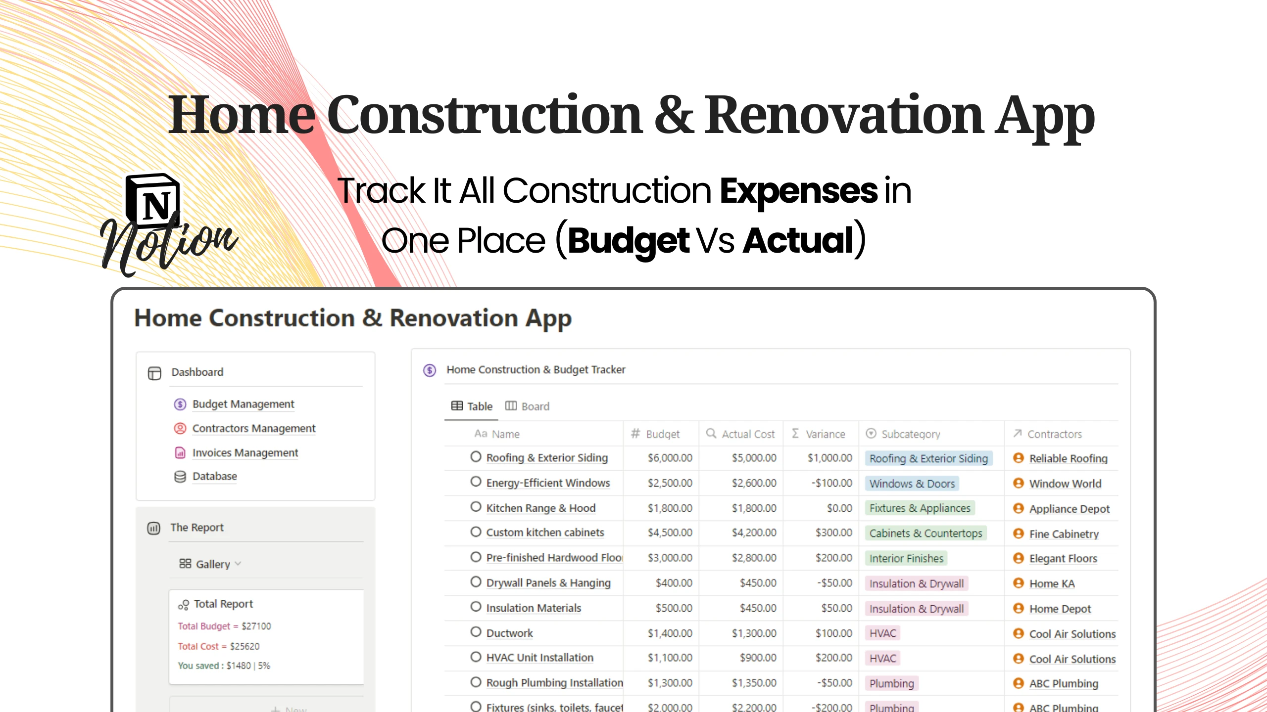 Notion Home Construction Budget & Contractor Management