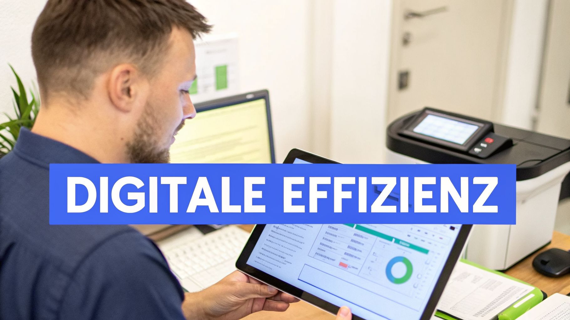 Mann arbeitet an Tablet mit Geschäftsdaten im Büro, um digitale Effizienz zu demonstrieren.