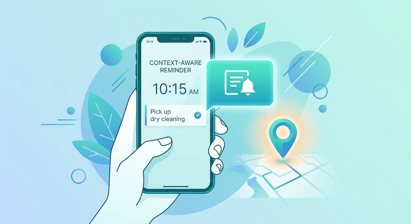 Context-aware reminder app illustration with notification and location pin