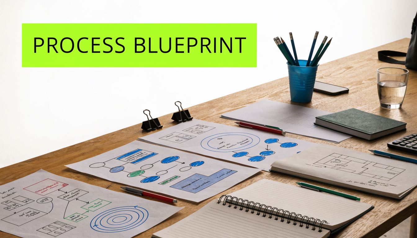 A professional wooden desk featuring multiple process flow diagrams, sketches, and office stationery for project planning.