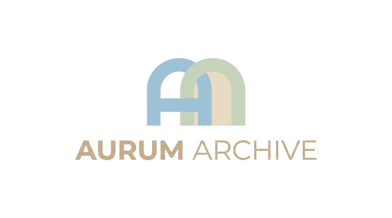 Logo of Aurum Archive on a black background. Features stylized overlapping "A" letters in blue and beige, with bold beige text reading "AURUM ARCHIVE."