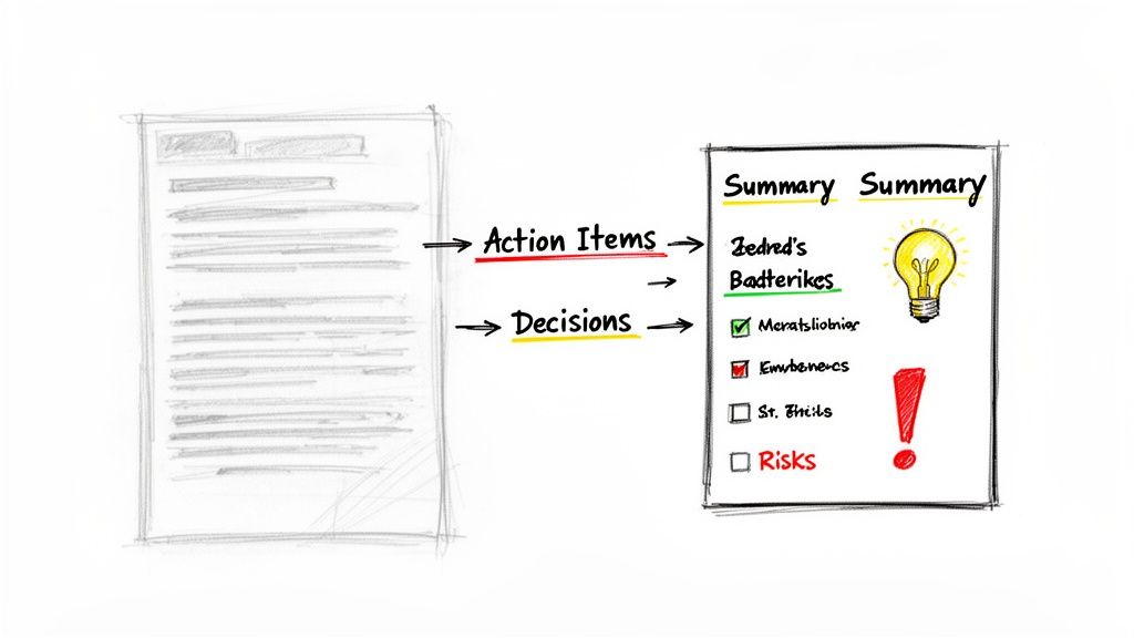 Sketch illustrating a document being processed into action items and decisions, presented on a summary sheet.