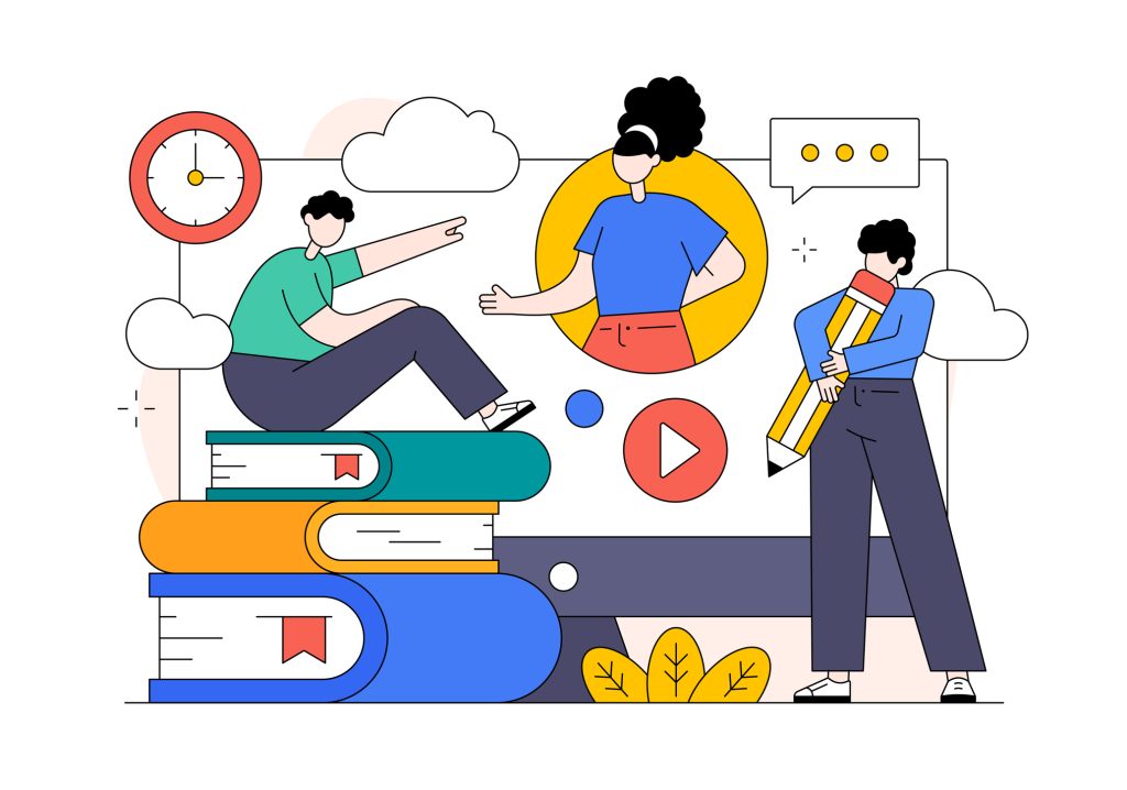 AI-powered education illustration showing students interacting with digital learning content, quizzes, and personalized AI-driven learning platforms.