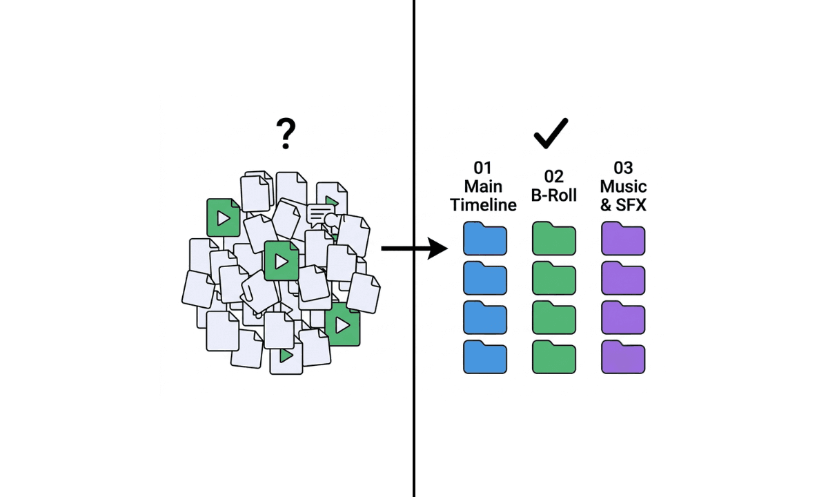 Flat illustration comparing a messy unsorted folder of video files on the left to the same footage automatically organized into main timeline, B-roll, and music categories on the right, representing automated video file organization in Selects.
