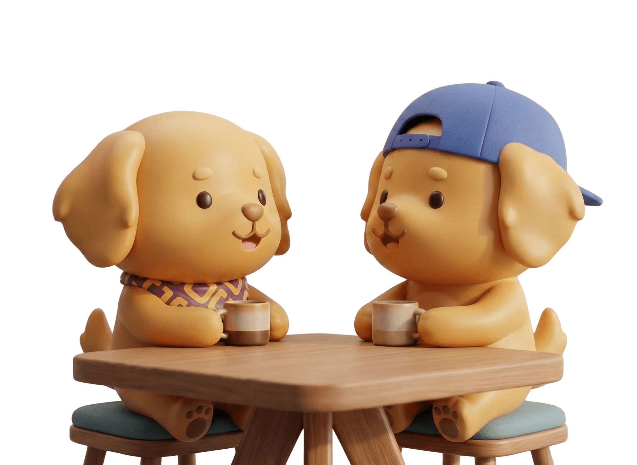 A cute cartoon-style dogs seating on chairs and holding cups, on left side of the screen dog is wearing a patterned bandana and the other is wearing cap..