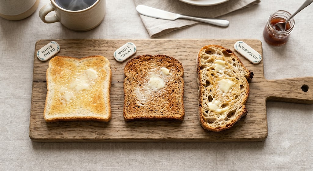 An overhead view of three distinct types of toast side-by-side on a wooden board: a piece of light white bread, a slice of darker whole wheat bread, and a slice of rustic artisanal sourdough, all spread with butter and labeled with small signs.