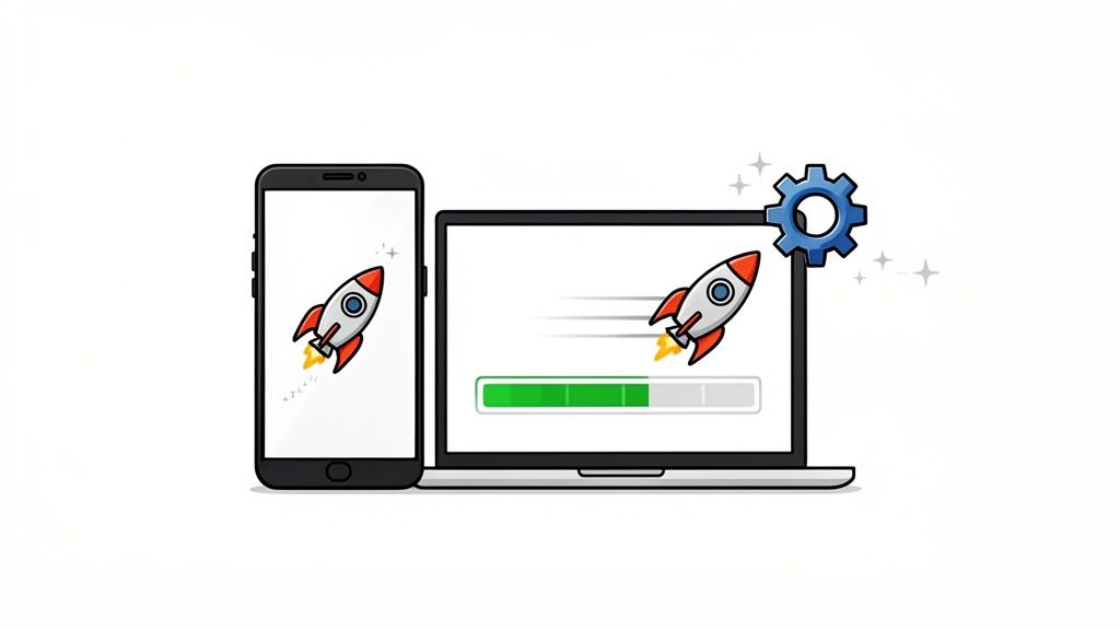 Illustration of a smartphone and laptop with rockets and a progress bar, symbolizing fast website performance and optimization.