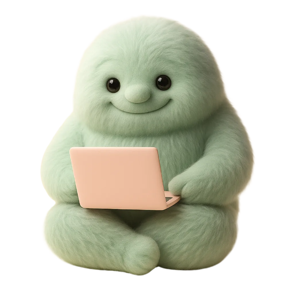 Maskotka Flufi siedząca po turecku w pozycji medytacyjnej na pastelowym tle