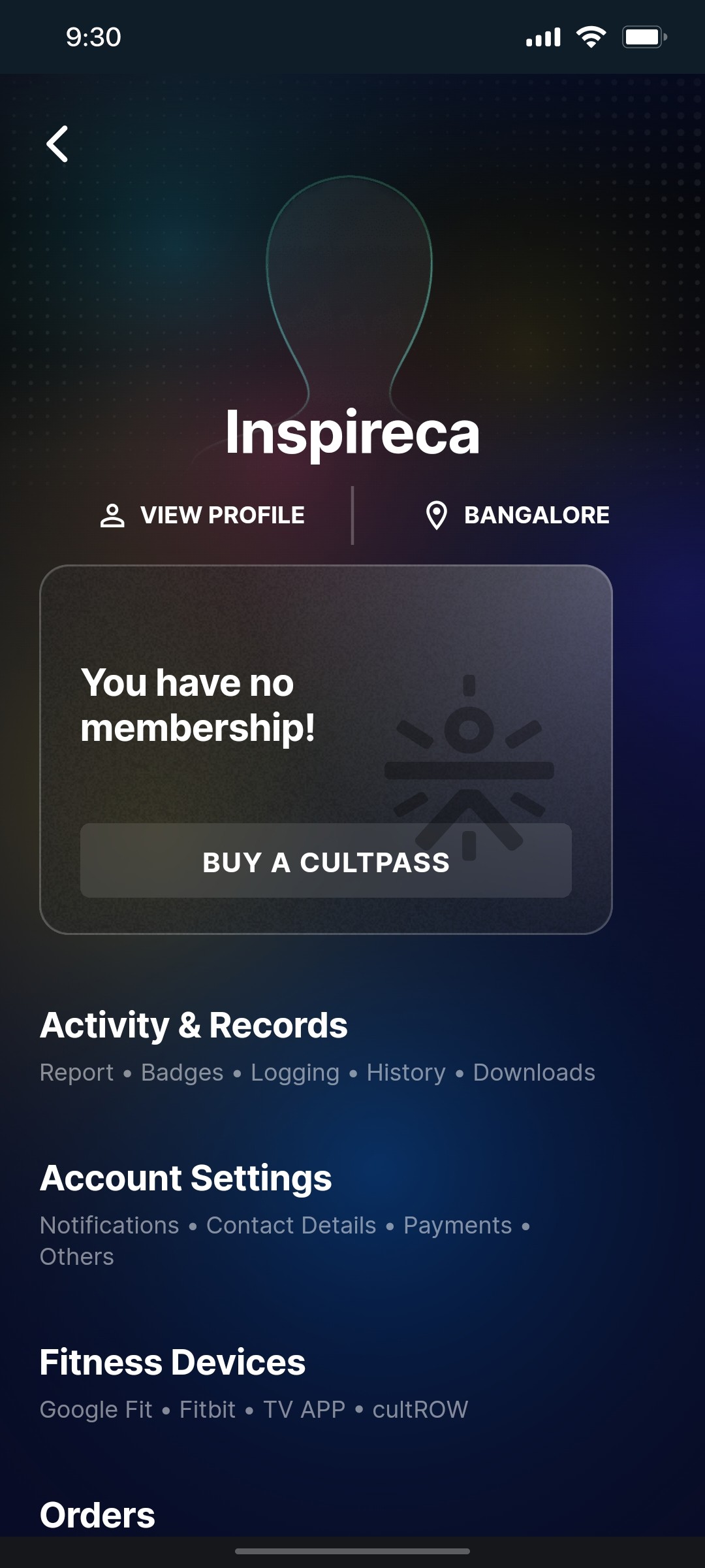 Cult.fit App Profile Screen