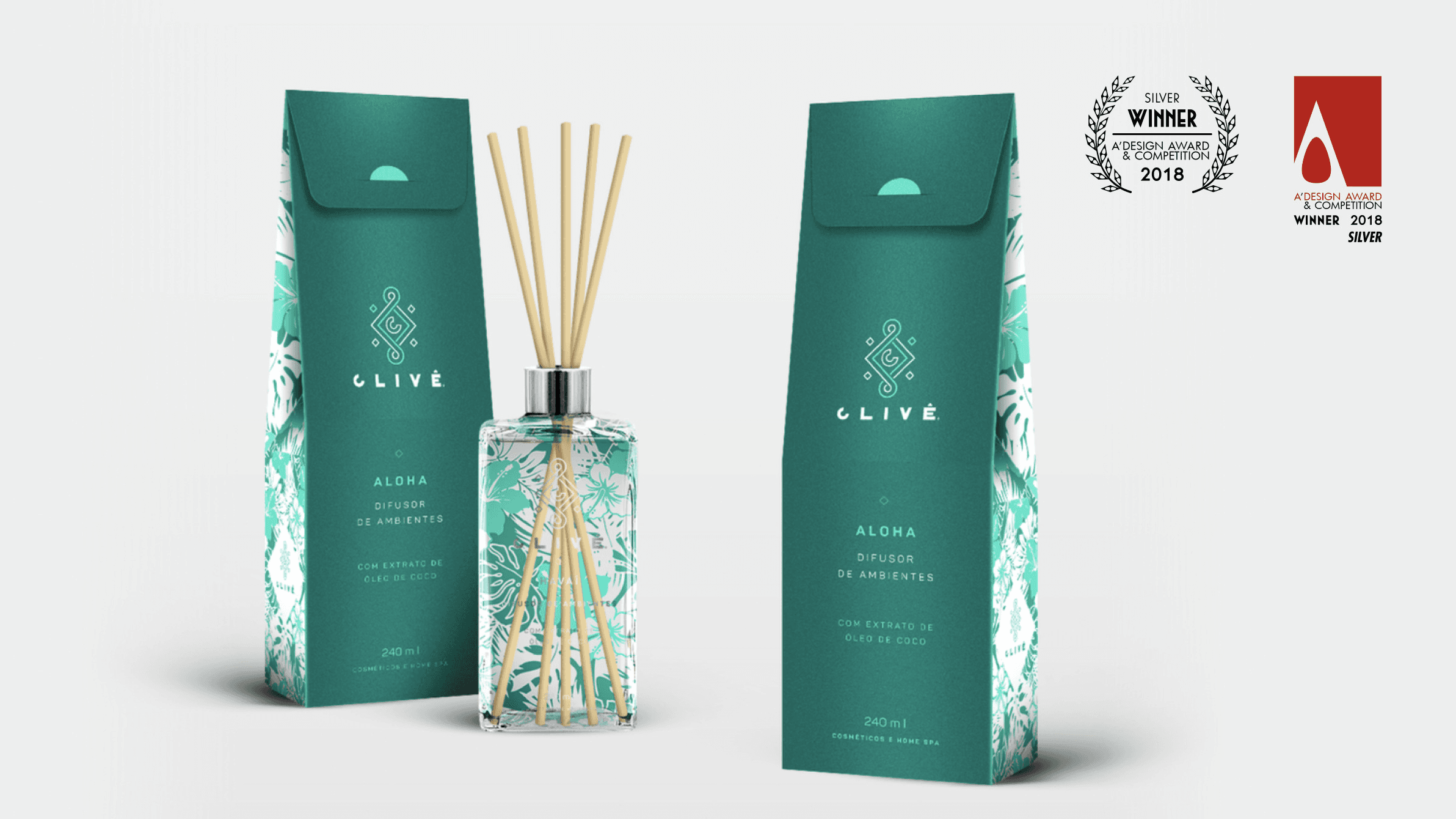 Imagem de duas embalagens de difusores de ambientes na cor verde com flores havaianas nas laterais.