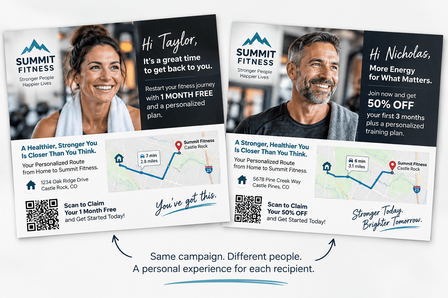 Two personalized Summit Fitness postcards with maps and QR codes