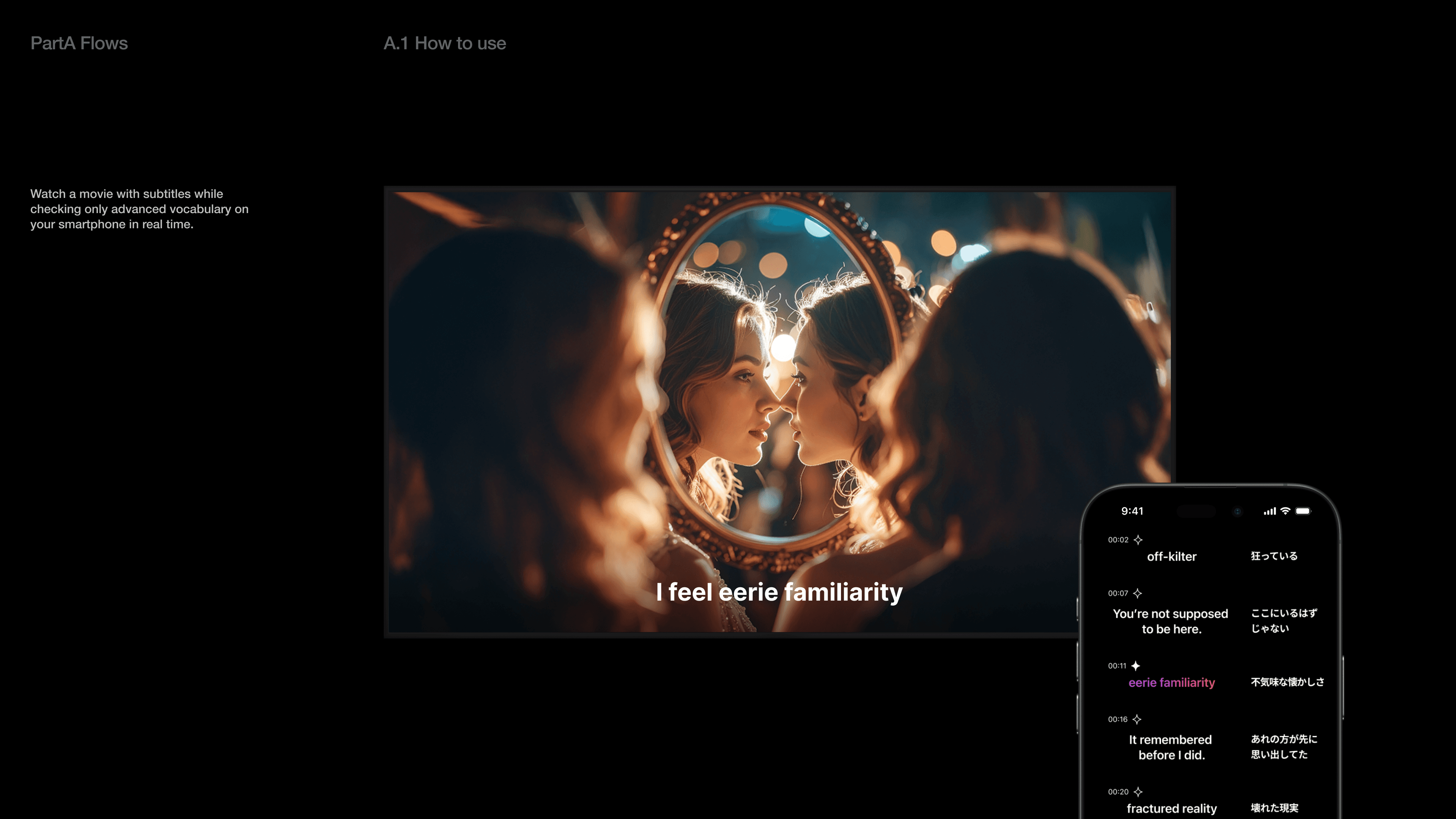 Watch a movie with subtitles while checking only advanced vocabulary on your smartphone in real time.