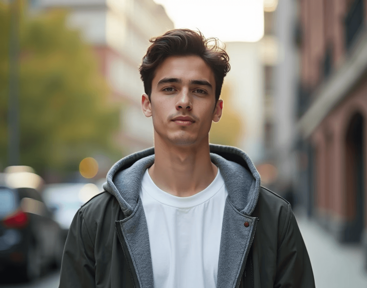 man in orange and white shirt smiling