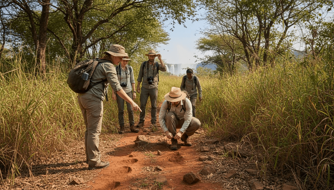 Un grupo de aventureros se adentra en los fascinantes ecosistemas que rodean las Cataratas Victoria.