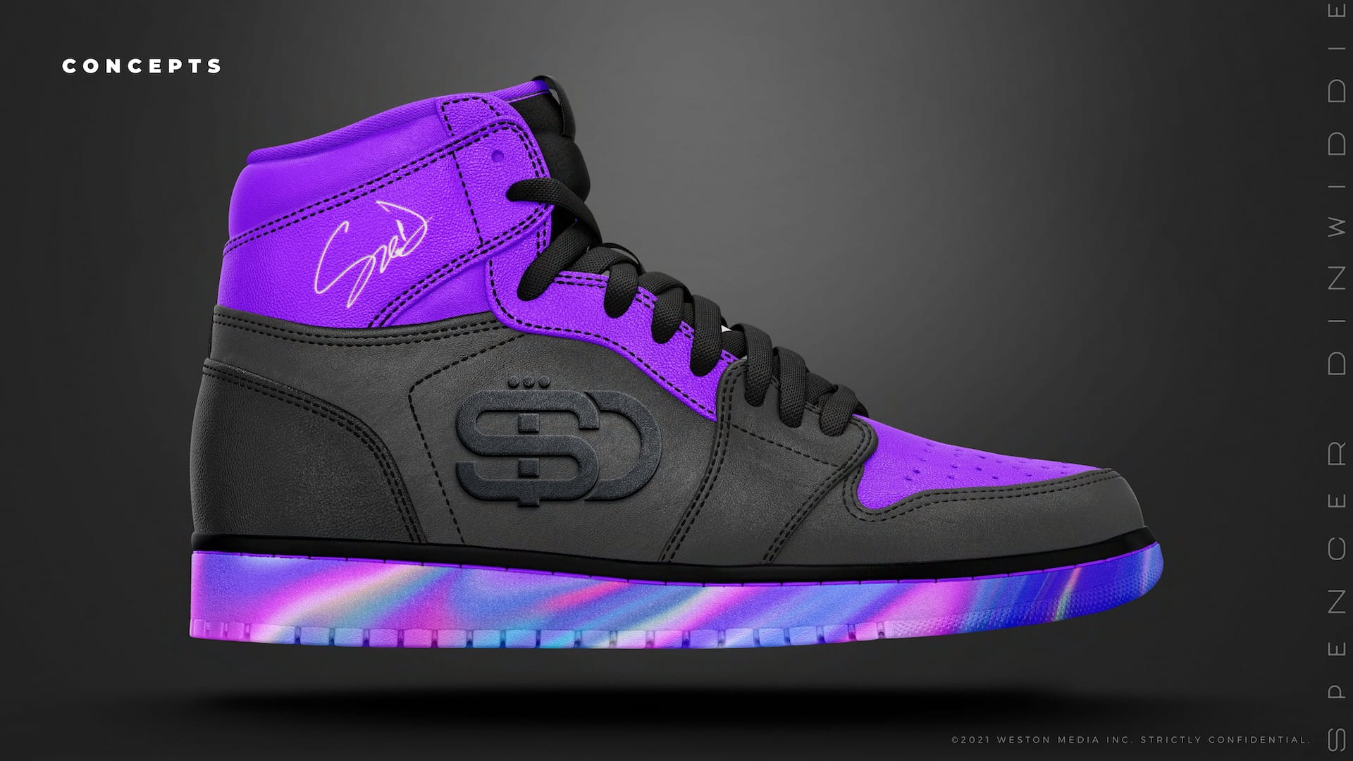 SD.26 purple and black high-top sneaker concept with embossed SD logo, signature detail, and holographic iridescent sole