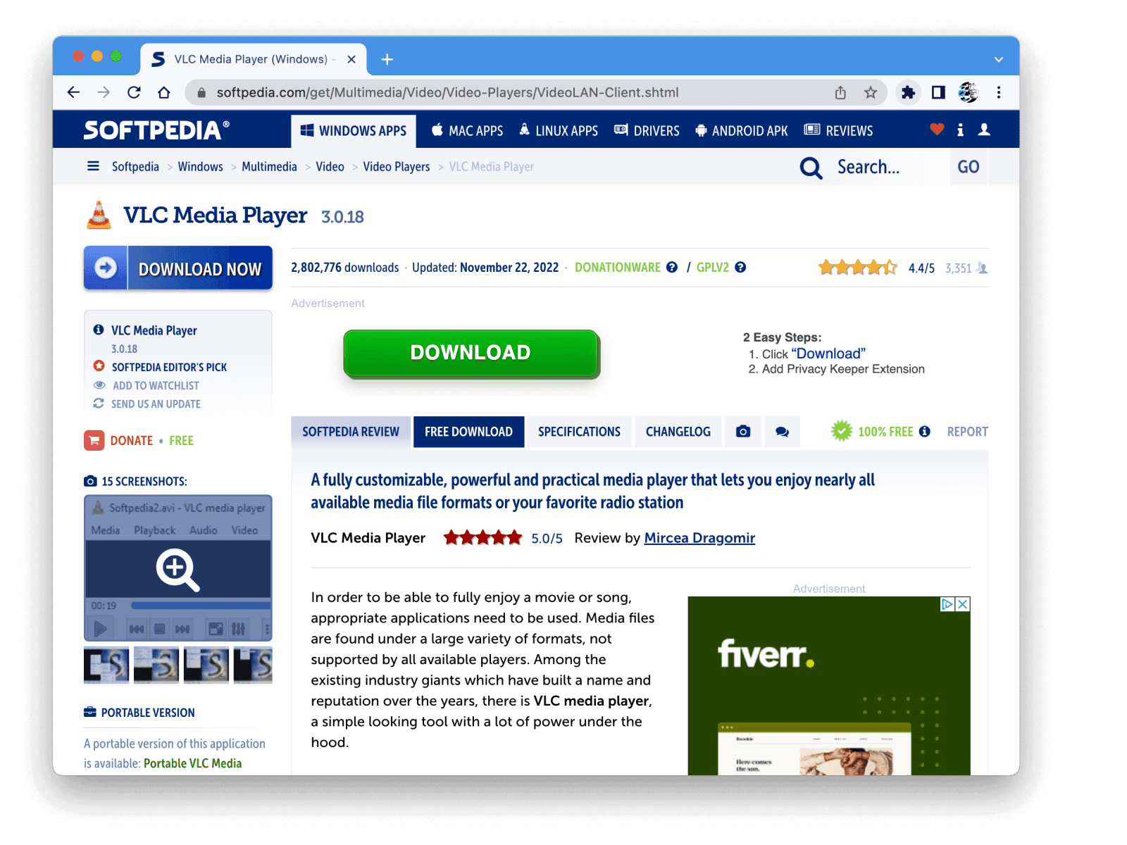 The image displays a webpage for downloading VLC Media Player version 3.0.18 from Softpedia. The interface shows the download button prominently along with the number of downloads and the update date. Additional information includes a brief review, a rating of 5/5 stars, editor’s pick badge, and navigational tabs like “Specifications” and “Changelog”. The page also contains advertisements and a search bar at the top