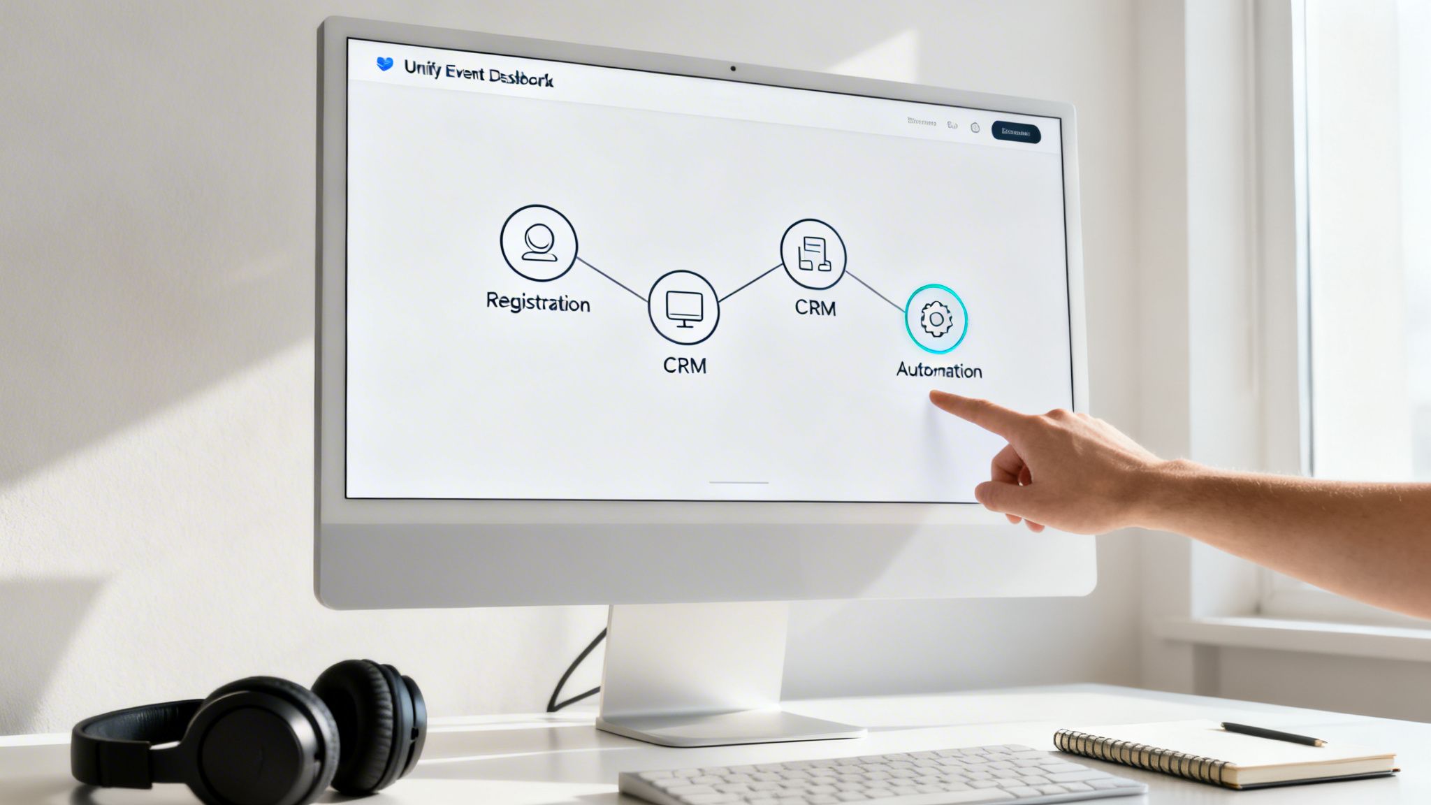 A hand interacts with a 'Unify Event Dashboard' on a monitor, pointing to 'Automation' in an event workflow.