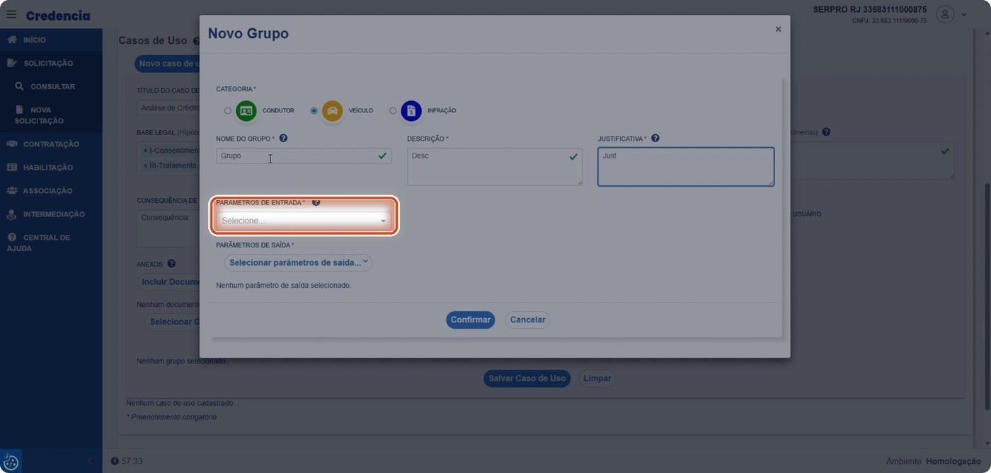 Captura de tela de referência do Credencia para Passo 3 — Selecionar parâmetros de entrada. Contexto: 16 — Novo Grupo.