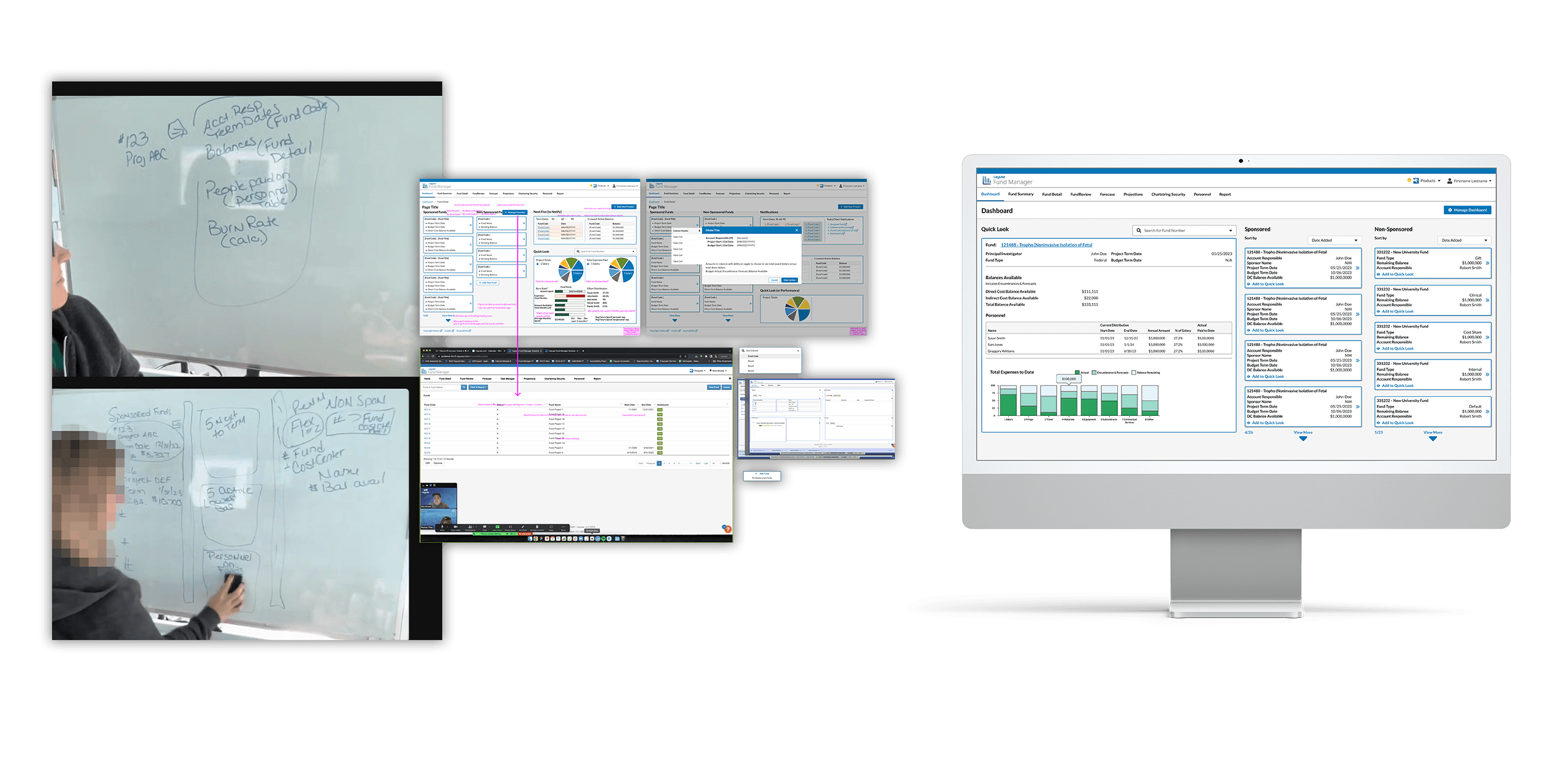 Pictures of ideation with PM on the whiteboard, some early mockups, and a final mockup of the dashboard