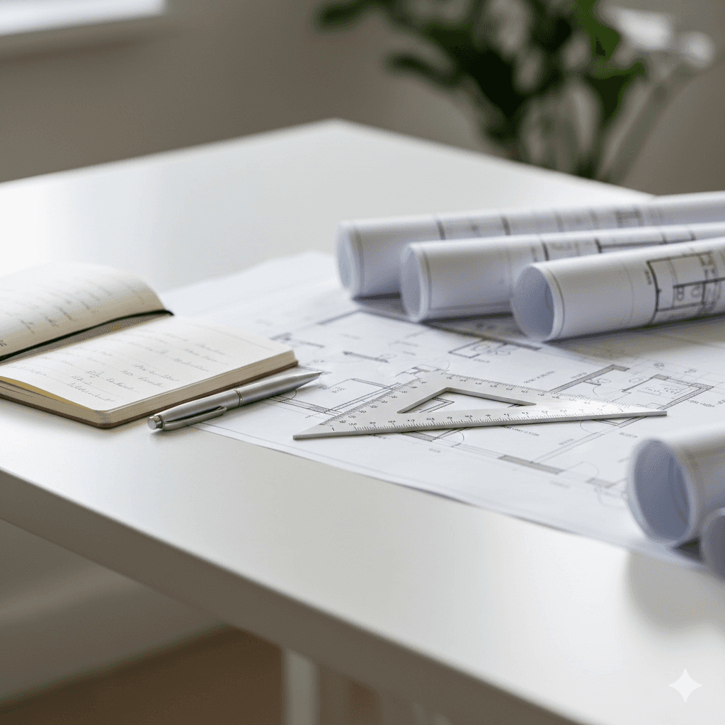 Baupläne auf Schreibtisch mit Tablet und Notizbuch – strukturierte Projektplanung im Bauprojekt