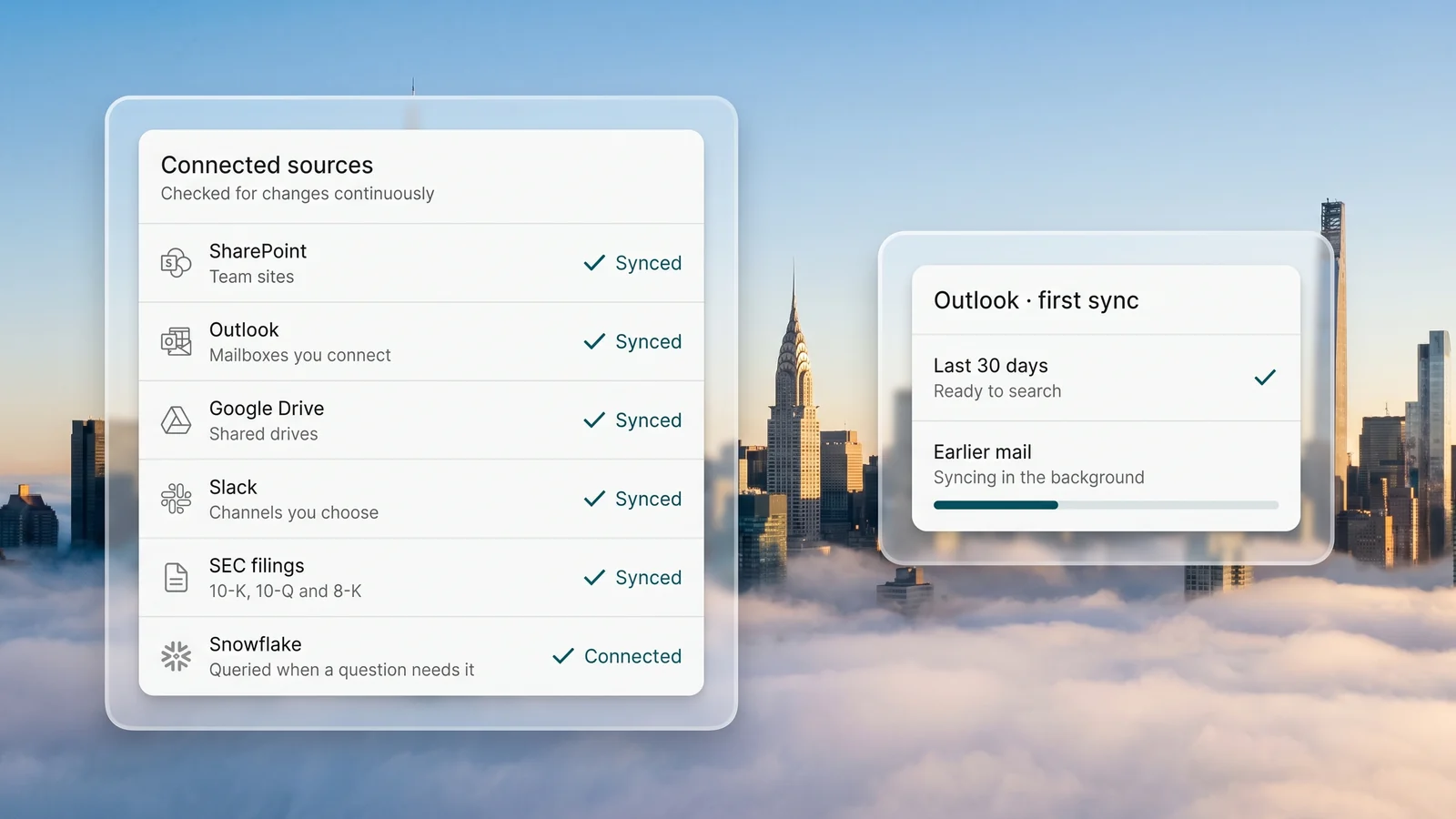 Connected sources in Needl.ai: SharePoint, Outlook, Google Drive, Slack and SEC filings synced, and Snowflake queried when a question needs it, beside a mailbox whose last 30 days are ready to search while earlier mail syncs in the background