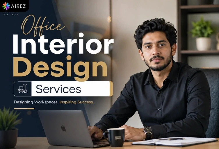 A professional male designer working on a laptop at a modern desk, representing Airez corporate office interior design services.