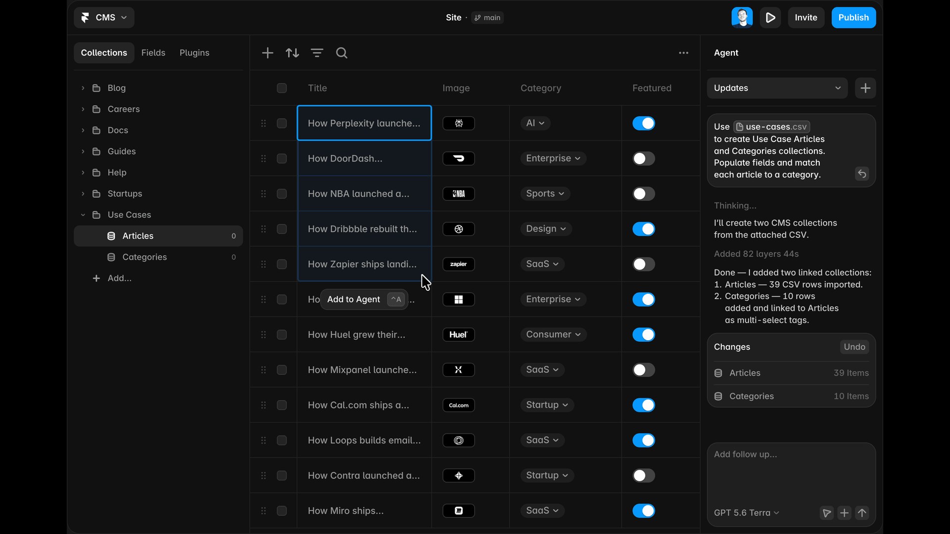 Framer CMS with Articles and Categories collections and the Agent panel creating them from a CSV file