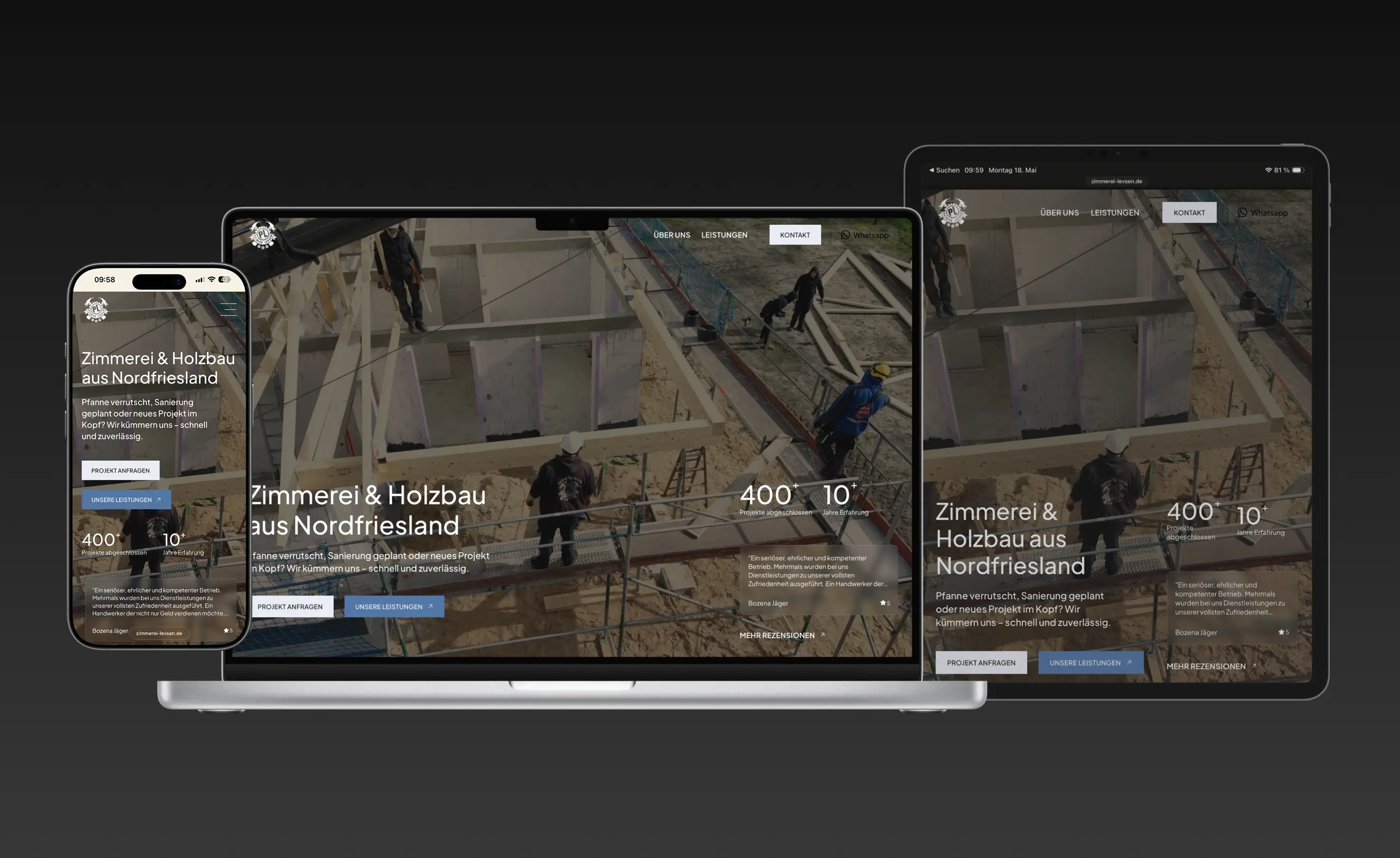 Responsive Website der Zimmerei Patrick Levsen auf Smartphone, Laptop und Tablet mit modernem Webdesign für Dacharbeiten und Holzbau in Nordfriesland.