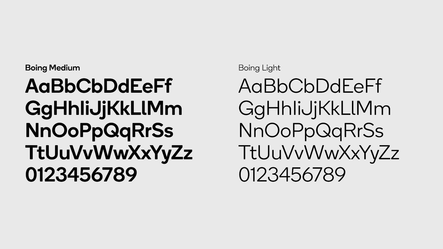 A type specimen sheet for the typeface "Boing" with text in black on a light grey background. Letters from A-Z