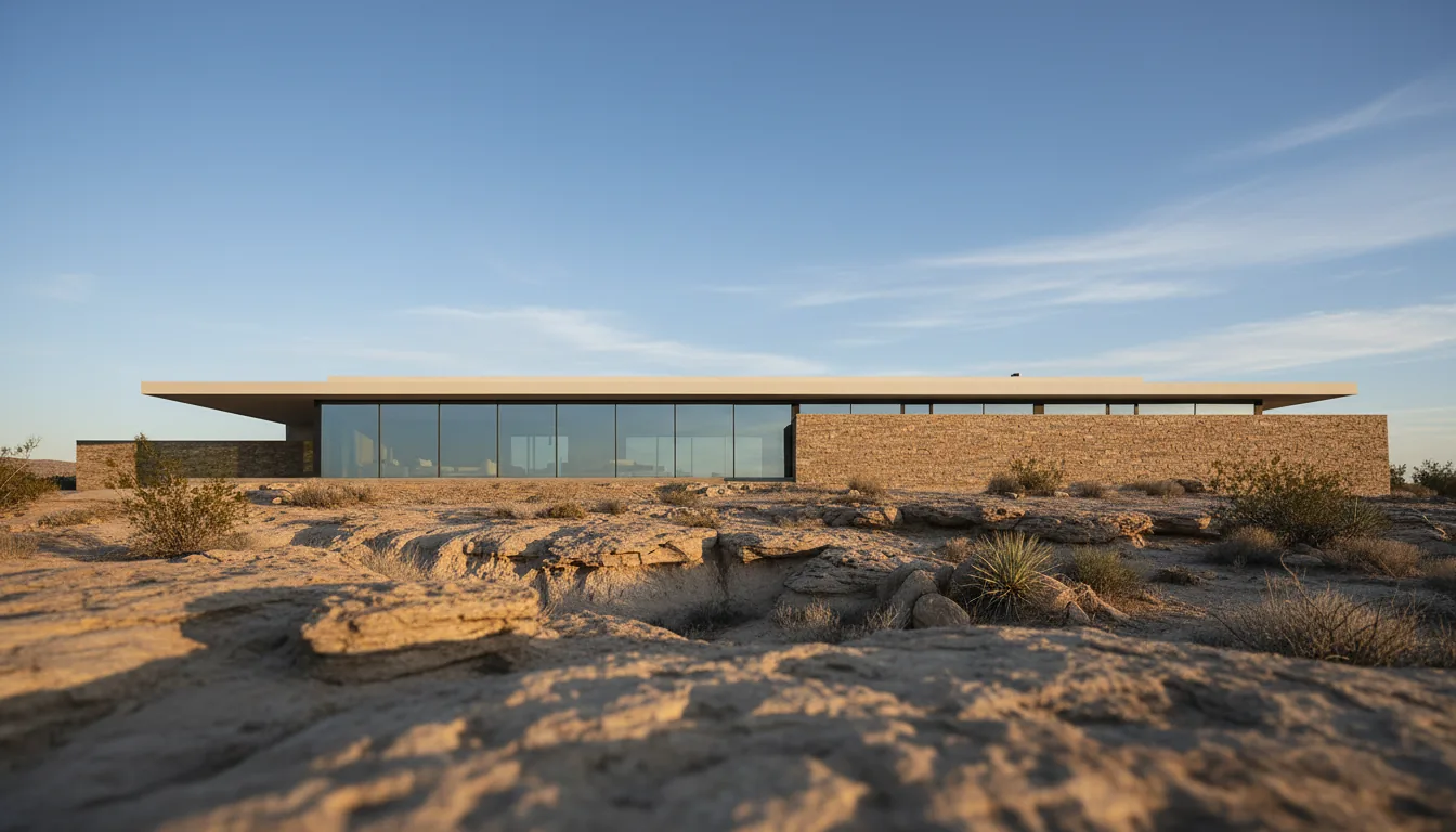 A photorealistic architectural render, captured with a DSLR wide-angle lens from a low angle, showcasing a modern minimalist house cantilevered over a rocky desert hillside. The structure features a flat, off-white roof, expansive floor-to-ceiling glass windows reflecting the sky, and walls constructed from rough-cut stacked sandstone blocks. Natural daylight during the golden hour bathes the scene in warm light, creating crisp shadows and highlighting the detailed textures of the stone and the weathered rocks in the foreground. The arid landscape is dotted with sparse desert shrubs. The focus is sharp on the architectural details, with a subtle bokeh on the immediate foreground, set against a bright blue sky with light, wispy clouds.