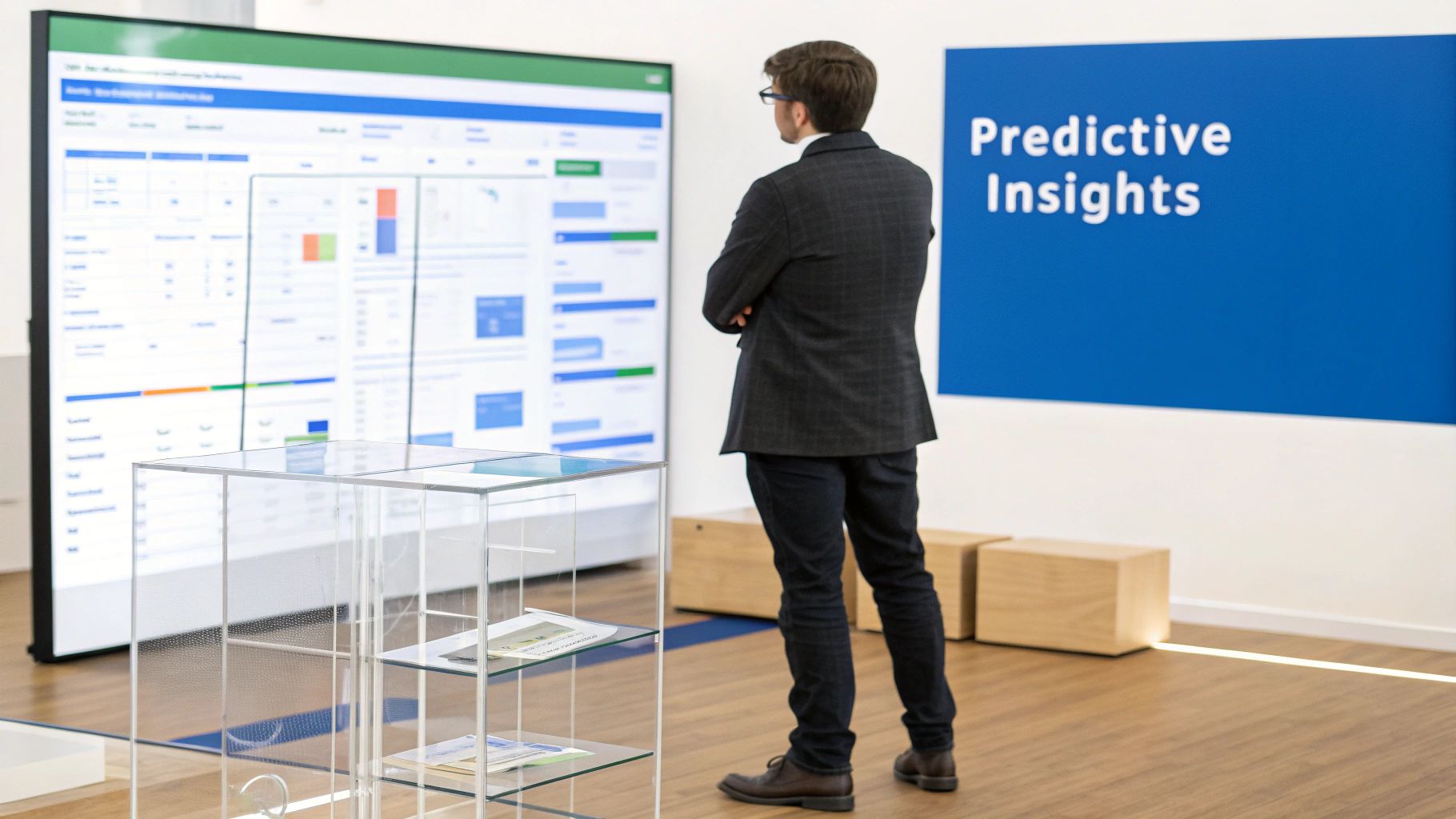 Business professional analyzing predictive insights dashboard displaying data analytics and charts on large screen