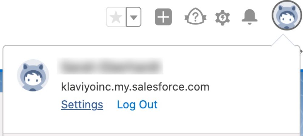 Salesforce Lightning Experience interface showing a user profile dropdown with options for Settings, Developer Console, and Logout.